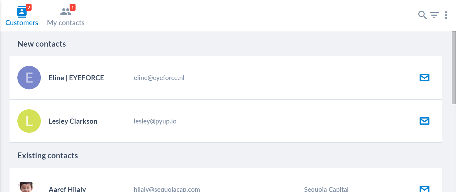 New contact list on Salesflare CRM platform