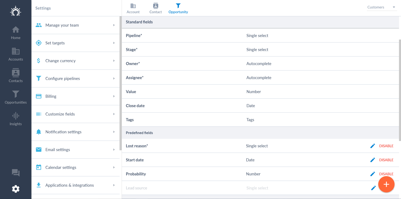 Opportunity fields on Salesflare CRM platform
