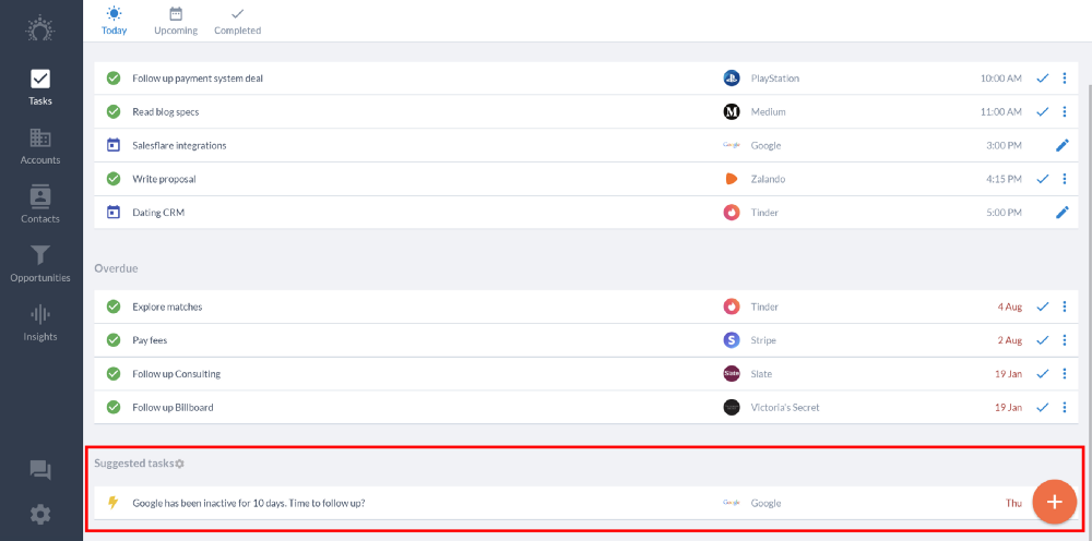 salesflare's automatic suggested tasks reminding you to follow up